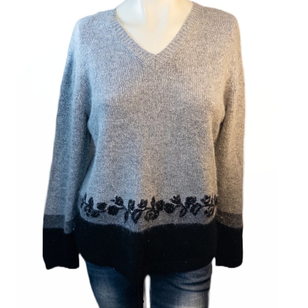 Vintage 50's Garland Large Sweater Dreamspun Grey V Neck Silk Wool Alpaca Womens